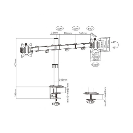 GEMBIRD Adjustable desk 2-display mounting arm (rotate, tilt, swivel), 17"-32", up to 9 kg